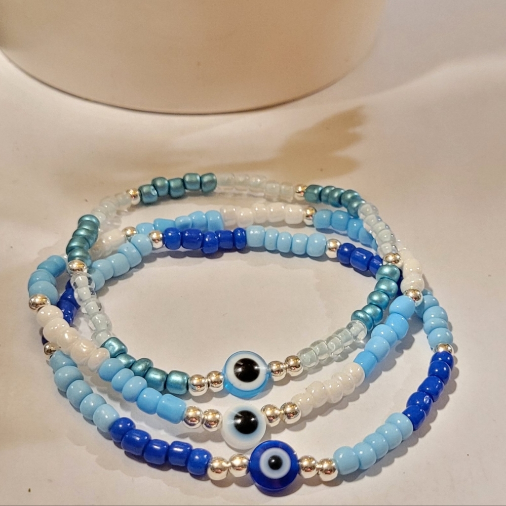 Set of 3 Evil Eye Beaded Protection Mal De Ojo Luck Fashion Bracelet